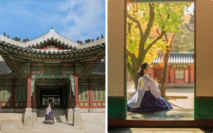 Visitors posing for a professional photoshoot at Changdeokgung Palace