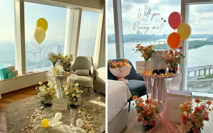 Romantic proposal setup in a Seoul hotel with Petit package