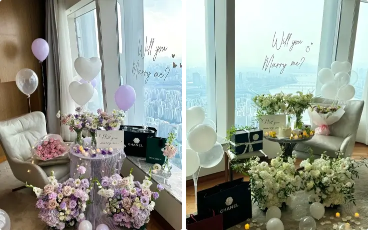 Romantic proposal setup in a Seoul hotel with Basic package