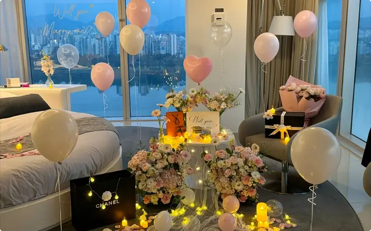 Romantic proposal setup in a Seoul hotel with Basic package