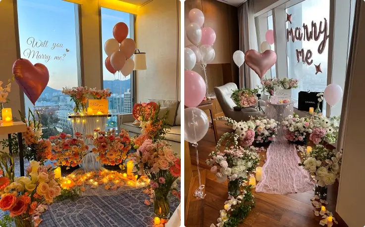 Romantic proposal setup in a Seoul hotel with Premium package