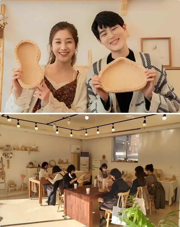 Visitors taking photos with the rattan basket made at a workshop in Daegu