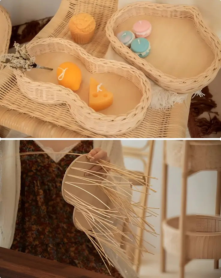 Rattan basket made at a workshop in Daegu on the top, and a visitor weaving a rattan basket on the bottom