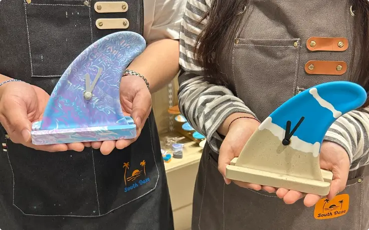 Surfboard fin clock made from eco-friendly resin at South Daze in Gwangalli, Busan