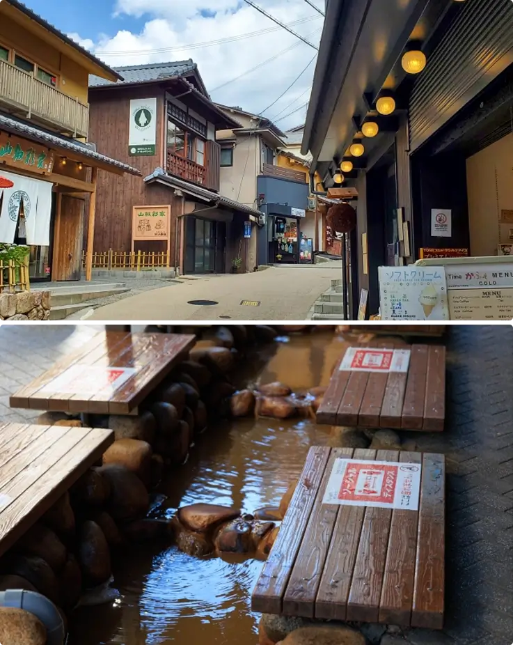 Alleys of Arima Onsen on top, foot hot spring on the bottom