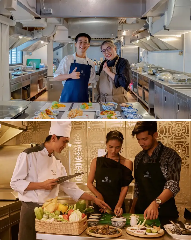 Visitors learning to cook Thai dishes at Roschas Culinary School in Bangkok