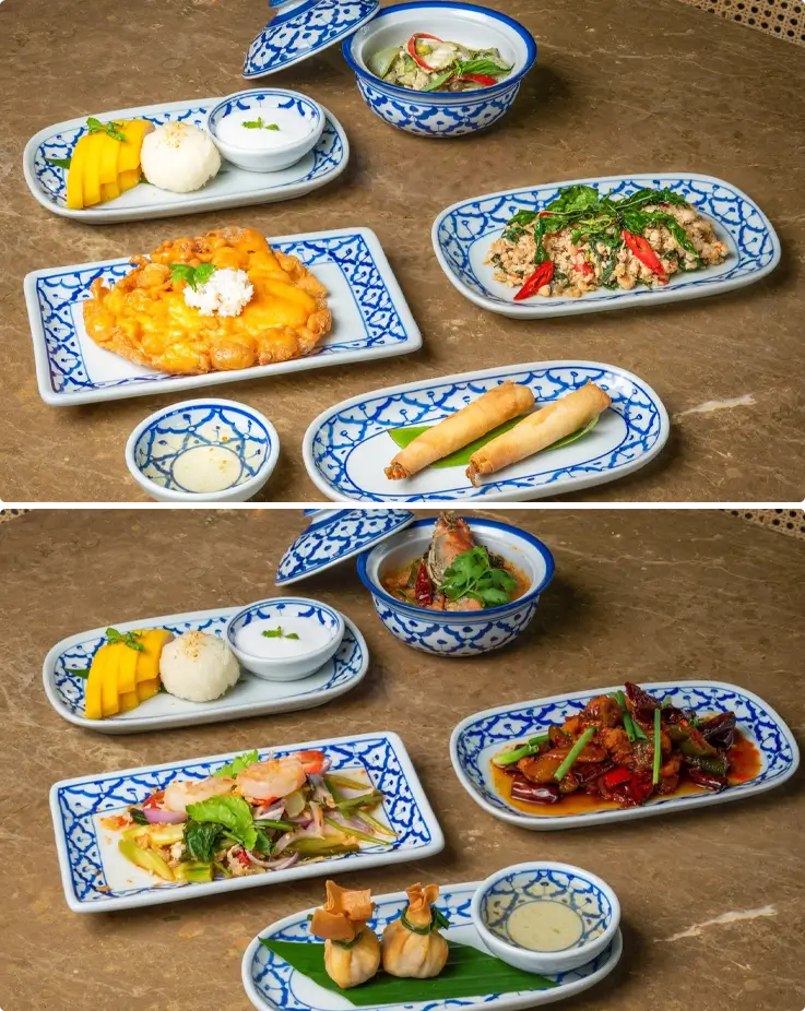 Five finished Thai dishes displayed side by side after a Thai cooking class at Roschas Culinary School in Bangkok
