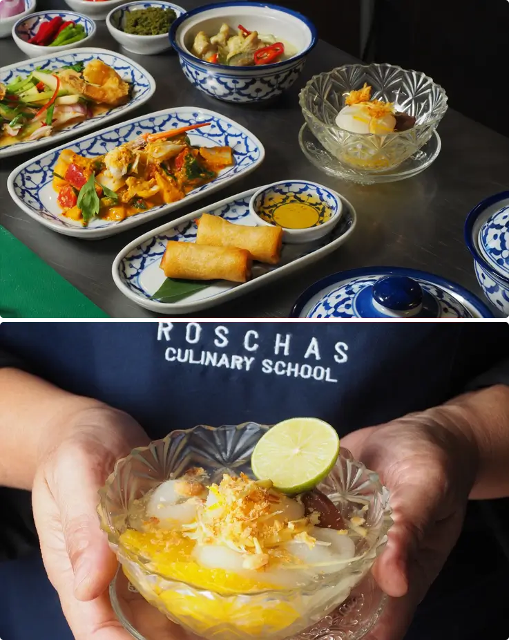Five finished Thai dishes after a Thai cooking class at Roschas Culinary School in Bangkok