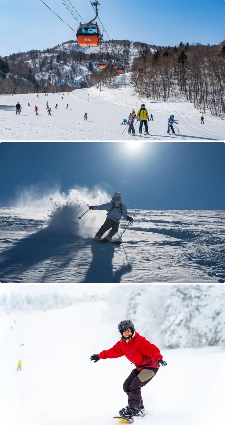 Slopes of Sapporo Kokusai Ski Resort on top, visitors skiing and snowboarding on the bottom