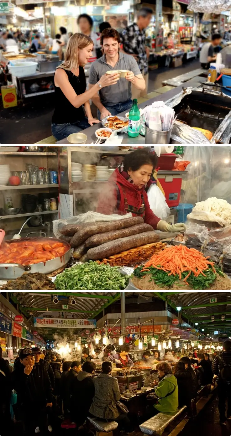 Visitors tasting makgeolli and street food at Gwangjang Market on top, stalls at the market on the bottom