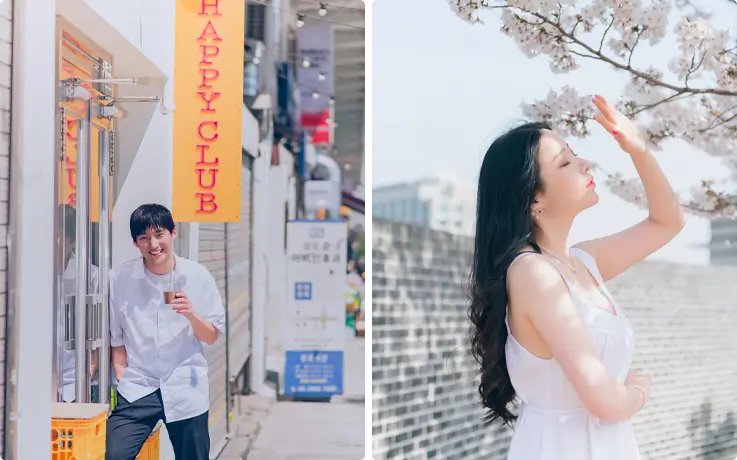 Visitors having street photos taken in Seoul by a professional photographer