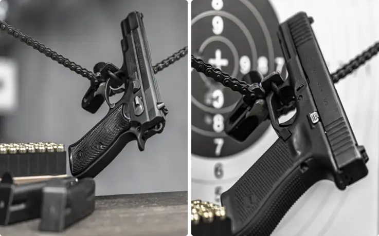 Pistols on display at Gangnam Live Ammunition Shooting Range in Seoul near Jamsil