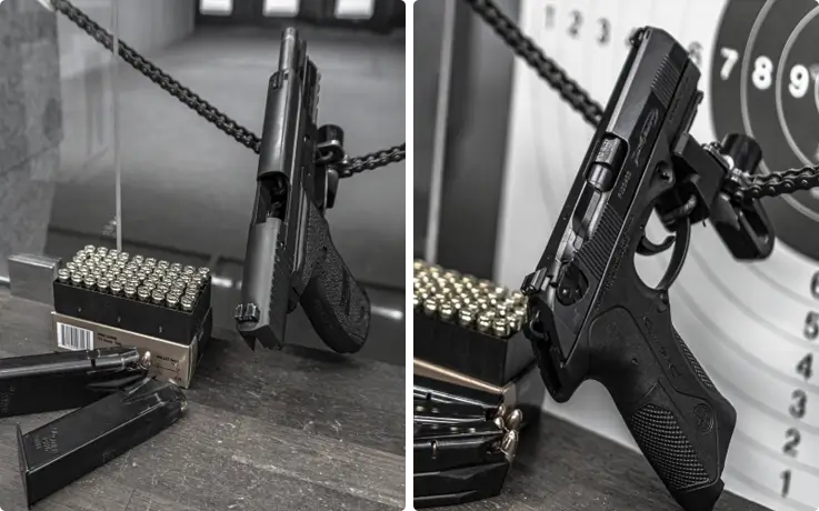 Pistols on display at Gangnam Live Ammunition Shooting Range in Seoul near Jamsil