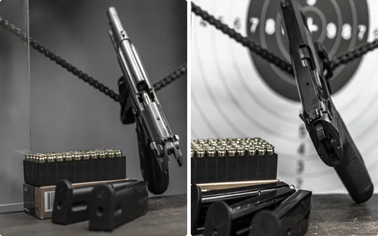 Pistols on display at Gangnam Live Ammunition Shooting Range in Seoul near Jamsil