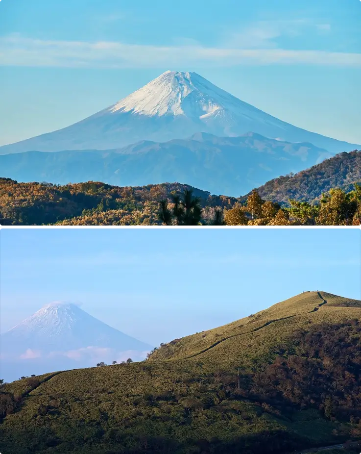 Snow-capped Mt. Fuji seen from Mt. Daruma Observatory