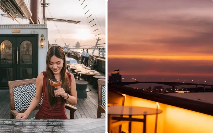 Visitor enjoying drinks at Sirimahannop on the left sunset views along the Chao Phraya River on the right