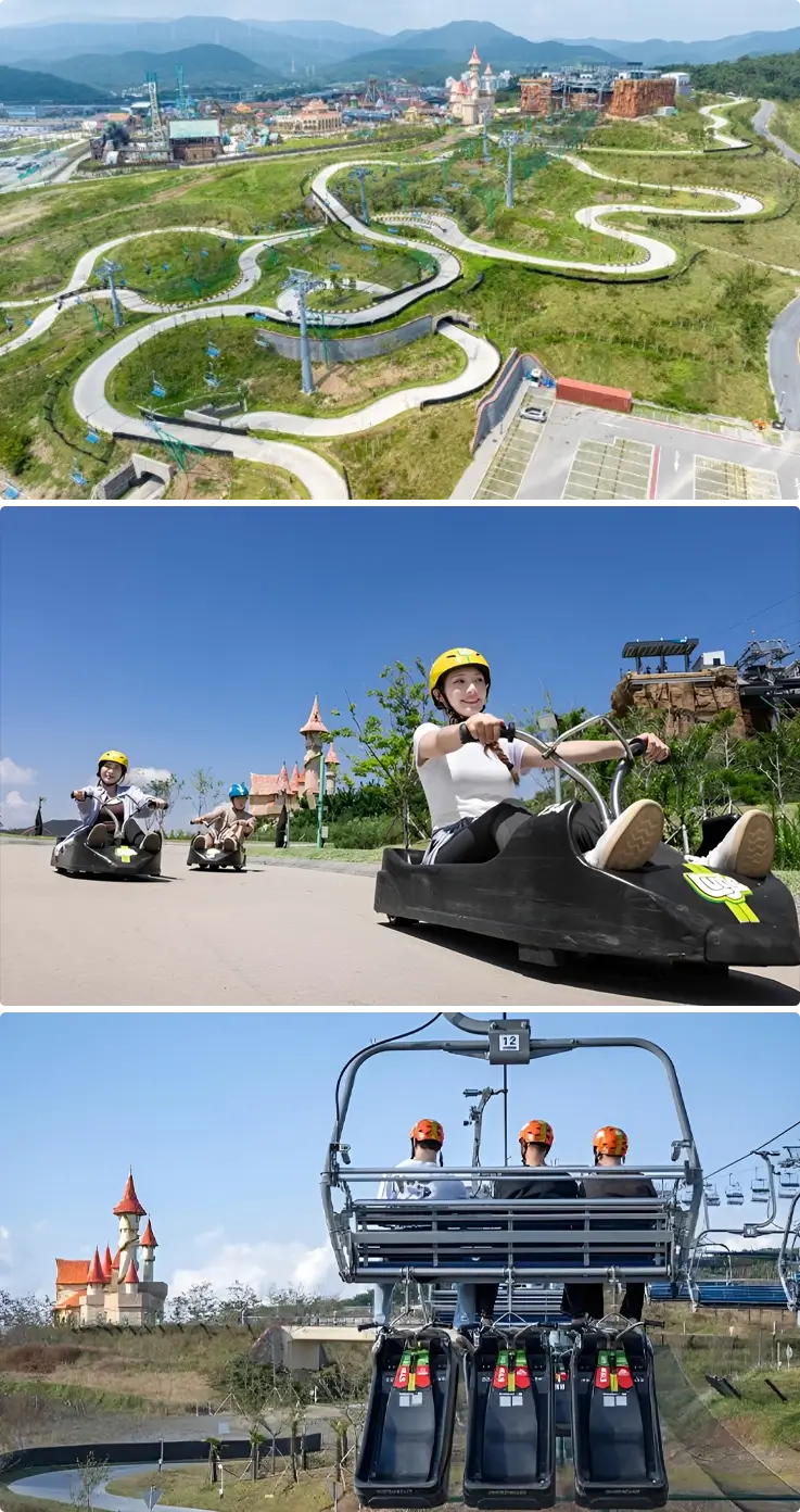 Skyline Luge track on top, visitors riding the luge on the bottom at Busan