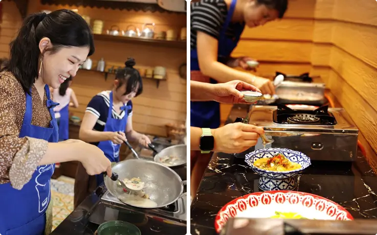 Visitors cooking at Sompong Cooking School in Bangkok