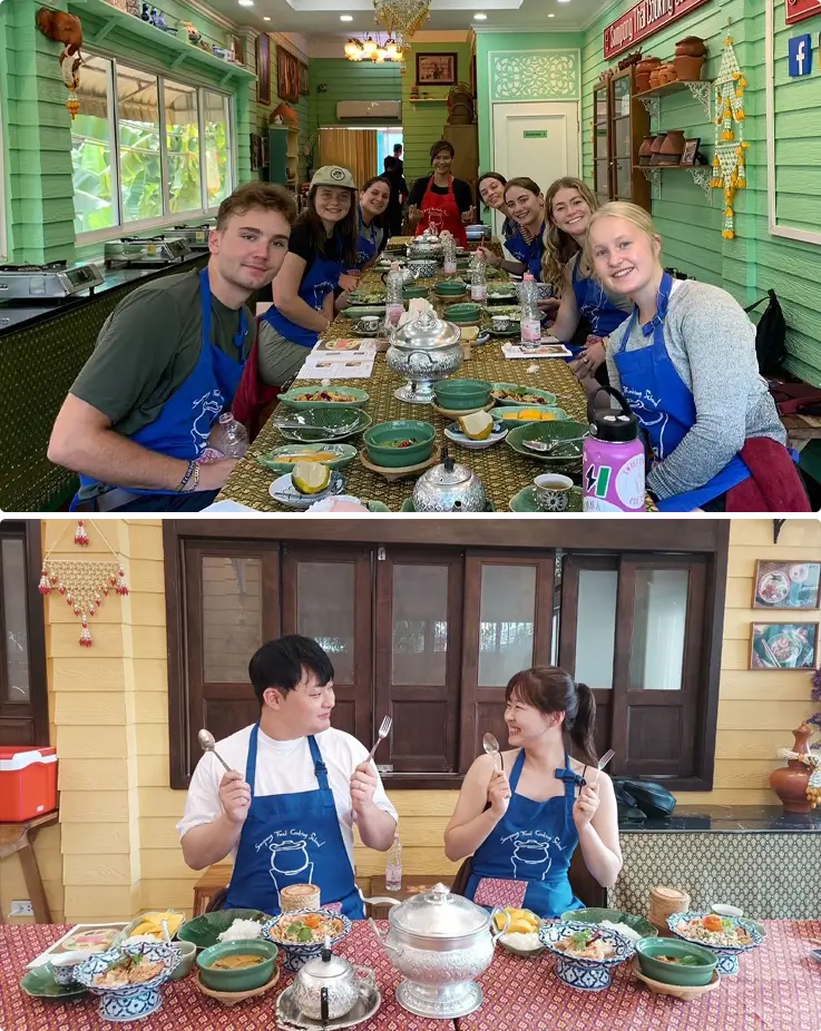 Visitors enjoying dishes they prepared during the Thai cooking class