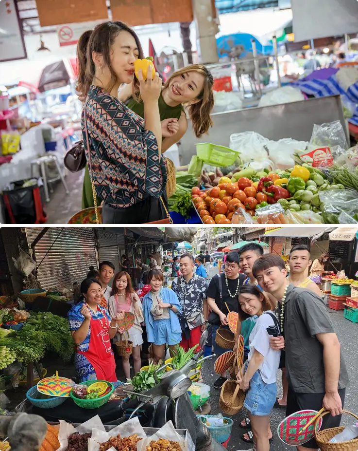 Visitors shopping for ingredients at a local market for the Thai cooking class at Sompong Thai Cooking School