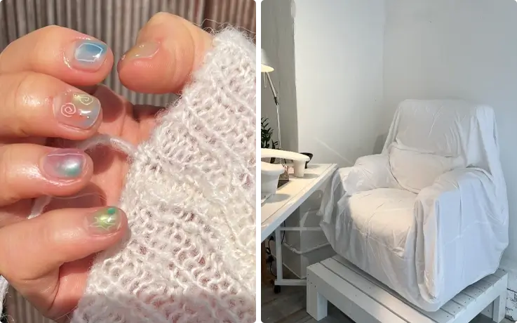 Design gel nail art on the left, sofa chair facility on the right at Sosoram Nail Salon in Seoul