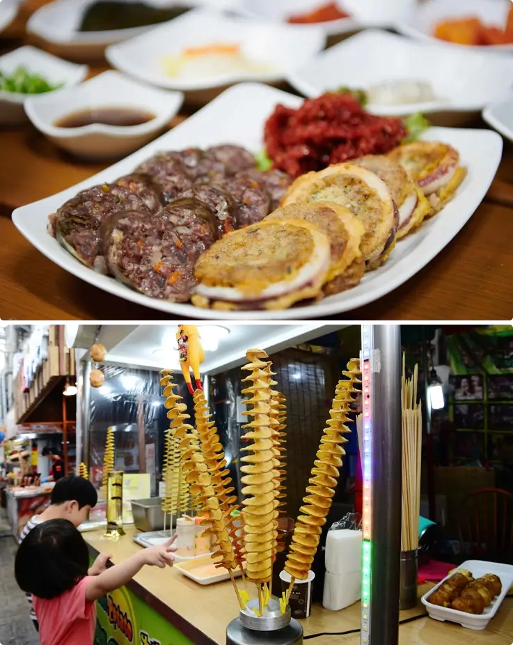 Stuffed squid on top and tornado potato at Sokcho Tourist & Fishery Market