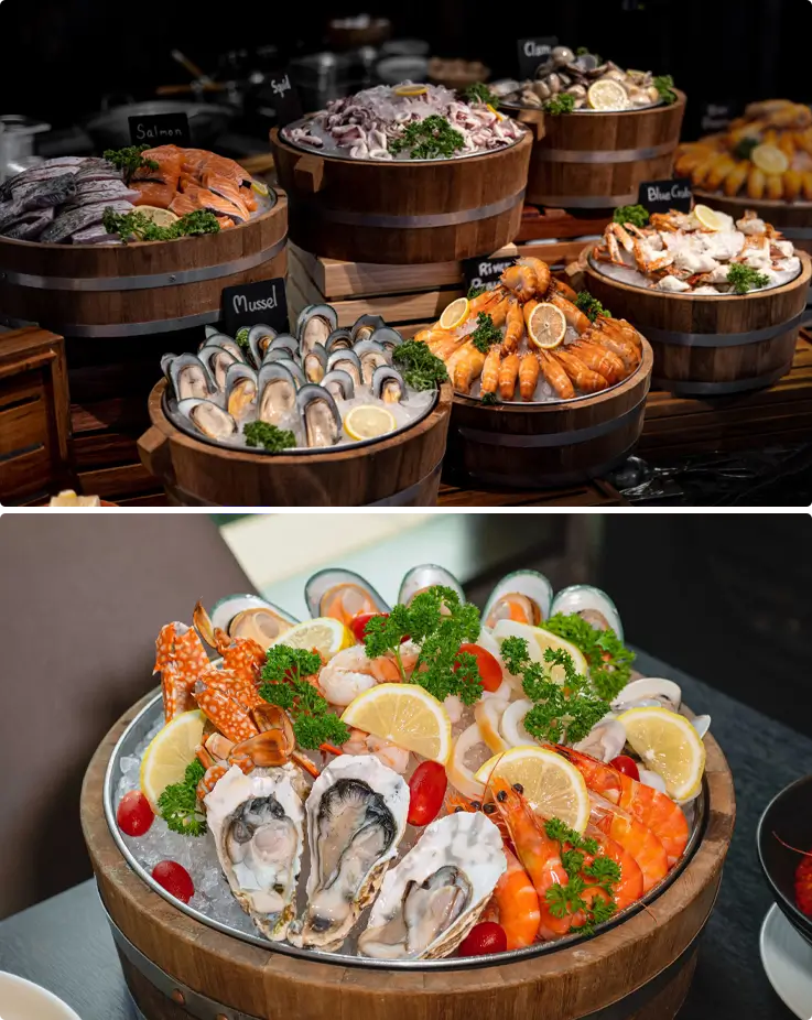 Seafood served in stock room buffet at Kimpton Maa-Lai Hotel in Bangkok