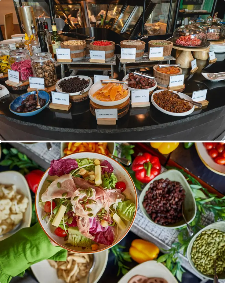Daily salad bar served in stock room buffet at Kimpton Maa-Lai Hotel in Bangkok