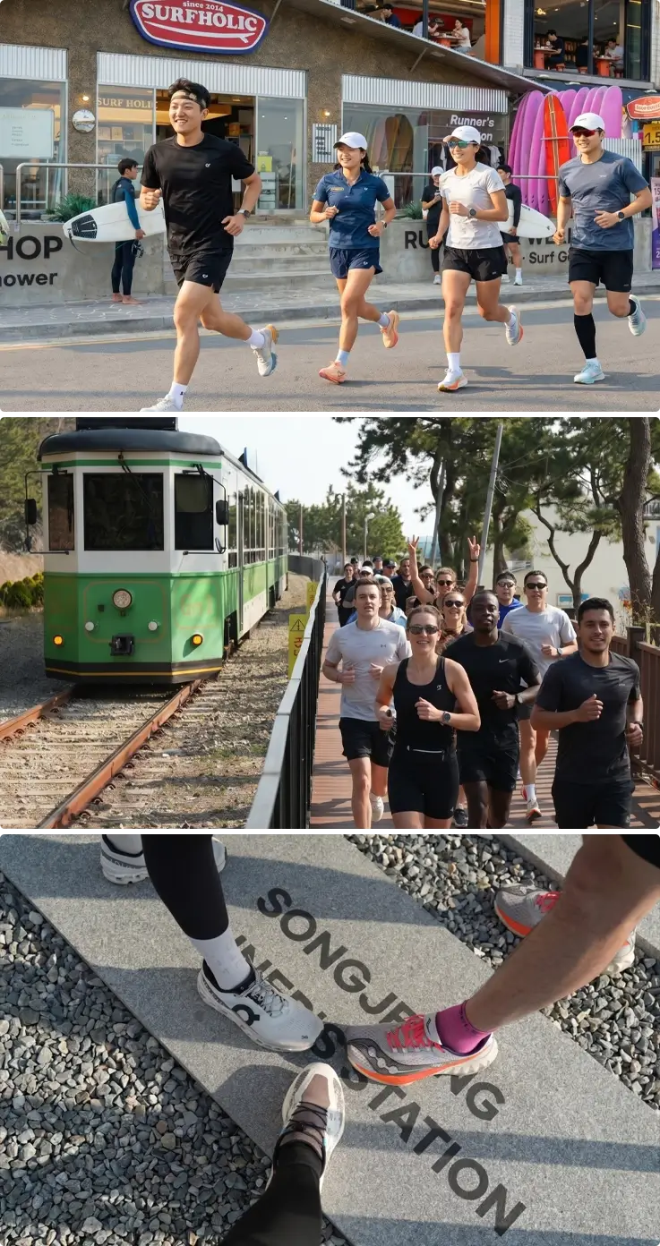 Visitors running along Songjeong Beach in Busan