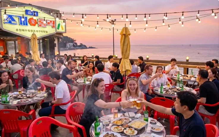 Visitors enjoying seafood BBQ with ocean views of Songjeong Beach in Busan
