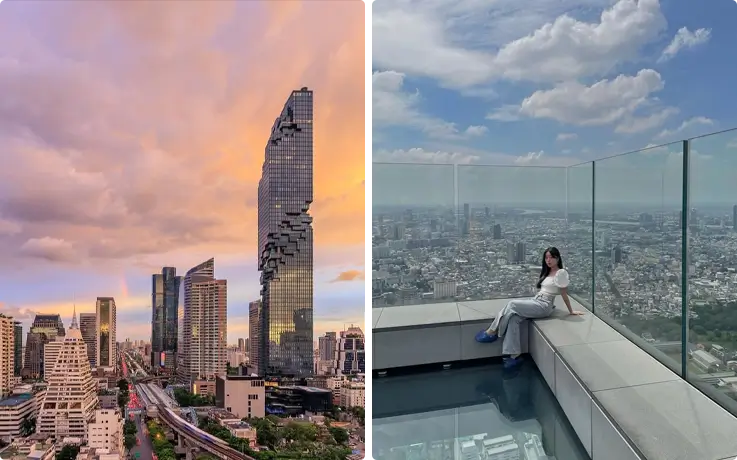 View of Bangkok's cityscape with the King Power Mahanakhon building on the left, and a visitor taking a photo against the city backdrop at the rooftop Skywalk.