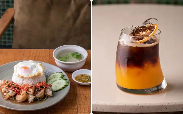 Stir fried mixed seafood rice on the left and Cafe Arancia drink on the right at Baan Dusit Thani Bangkok