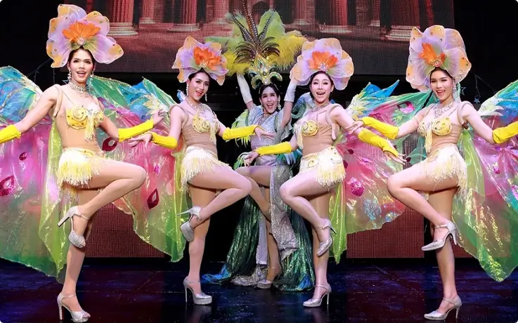 Lady boy performers posing at Siam Dragon Cabaret Show in Chiang Mai