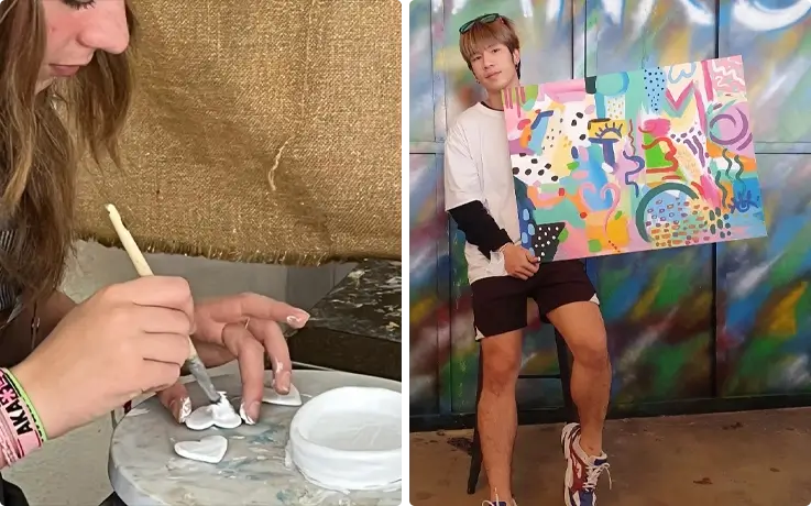 Visitor at The Warehouse Paint Club in Chiang Mai creating clay tray art and painting on canvas