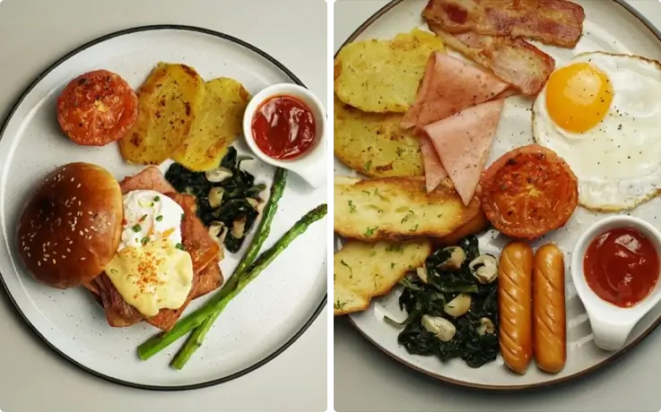 Egg benedict burger on the left and English breakfast set on the right at Ordinary Coffee X The Now in Pattaya