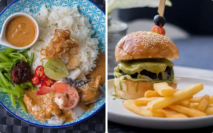 Thai cuisine on the left and burger on the right at Charm All-Day-Dining in Pattaya