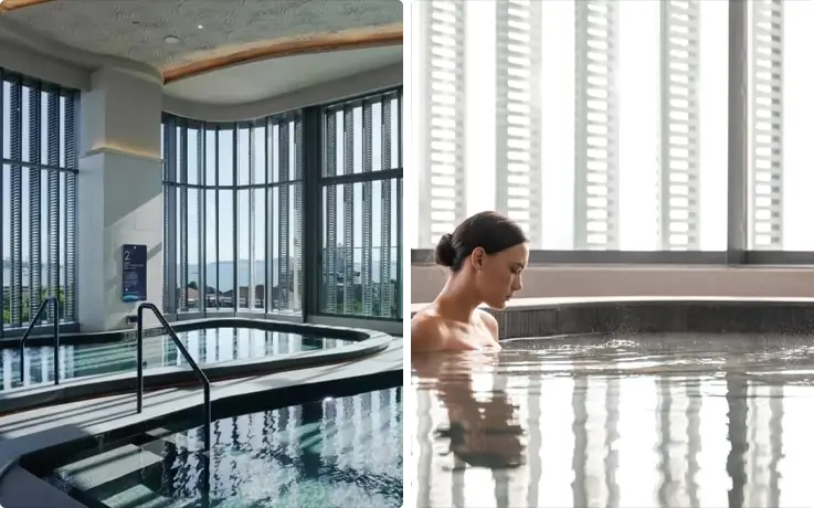 Facility of Let's Relax Onsen & Spa in Pattaya on the left, visitor enjoying onsen pool on the right