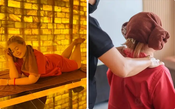 Visitor enjoying Japanese hot stone spa on the left and Thai massage on the right at Kaneoyu Hotstone Spa by Gold Finger in Pattaya