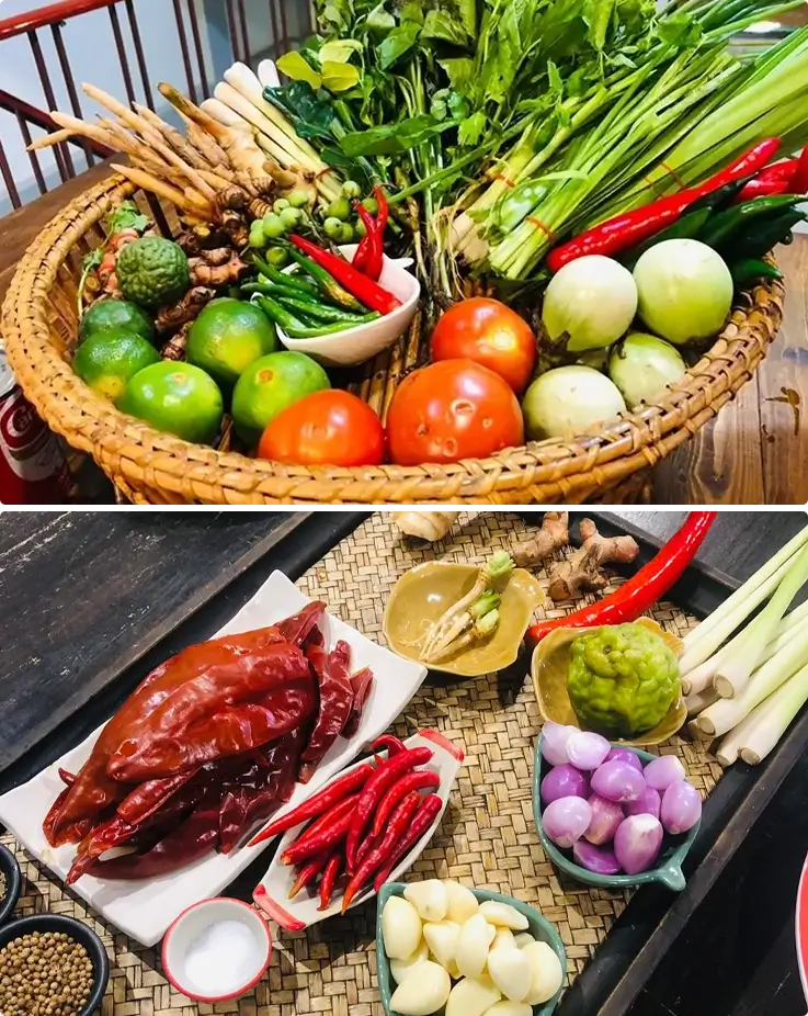 Fresh ingredients and spices used in Thai cooking class in Bangkok