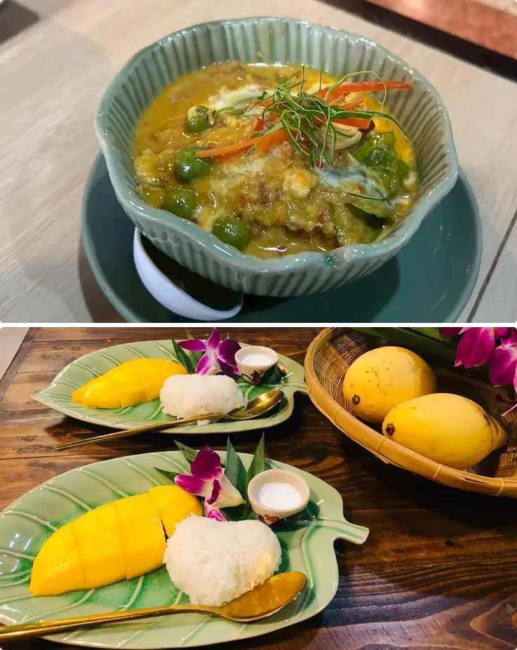 Menus made at Tingly Thai Cooking School: green curry on top, mango sticky rice on the bottom