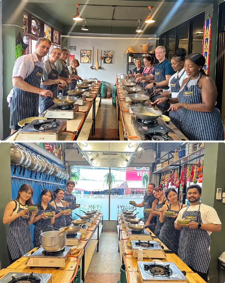 Visitors learning to cook Thai dishes at Tingly Thai Cooking School