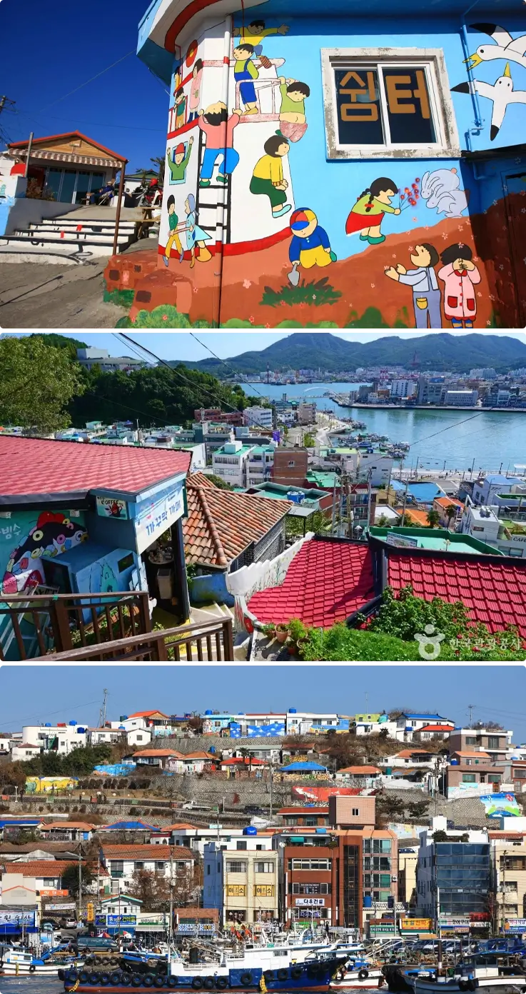 Murals and coastal views at Dongpirang Village in Tongyeong
