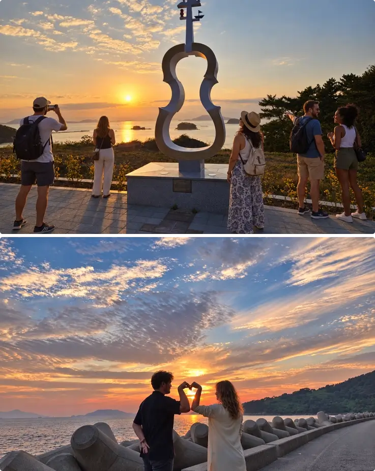 Visitors taking photos at Cheokpo Coastal Road with sunset views