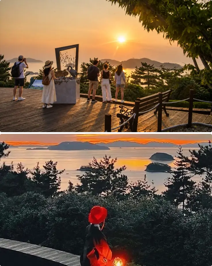 Visitors capturing sunset views at Dara Park in Tongyeong