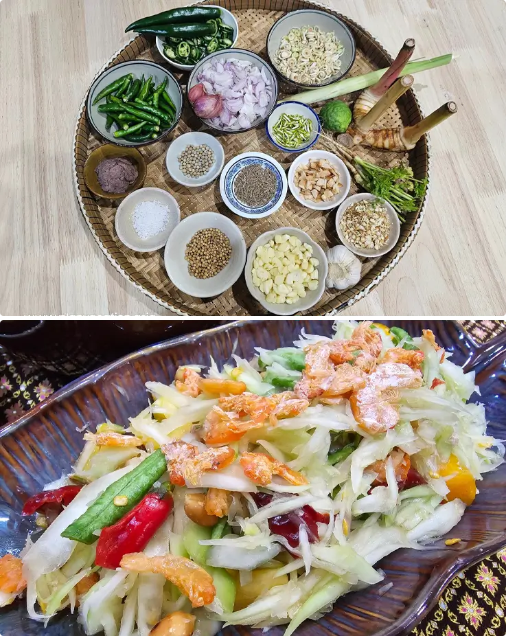 Thai herbs and som tum prepared during a class at Uncle and Aunty Cooking Home in Bangkok