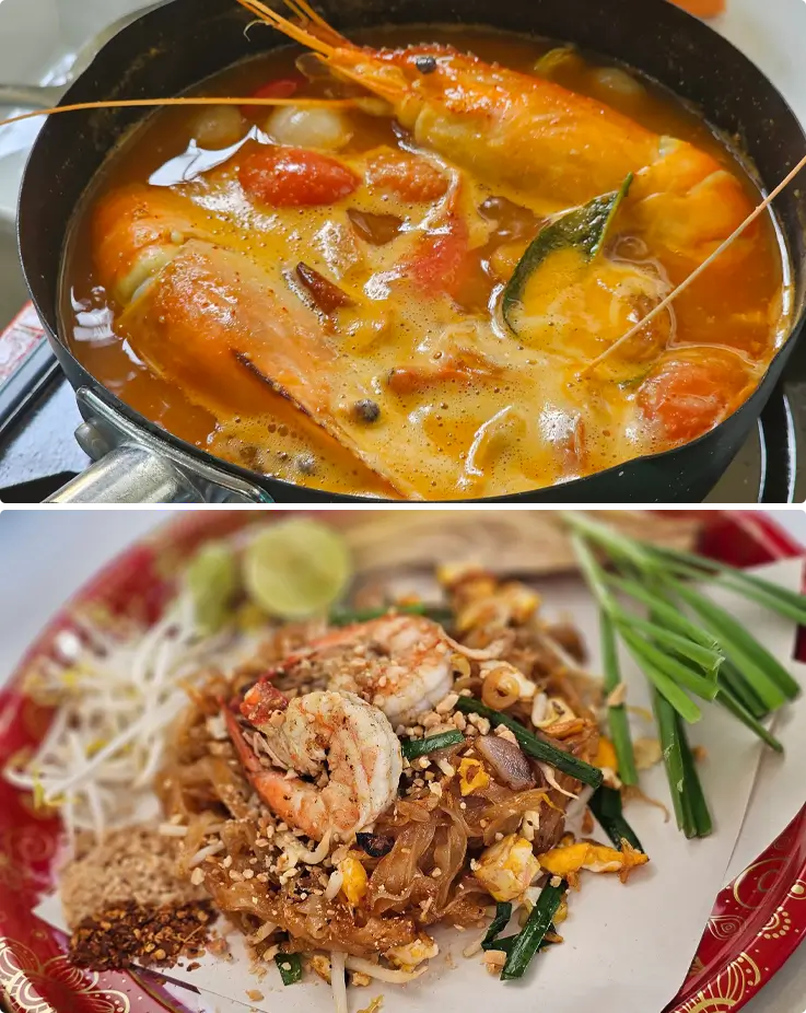 Tom Yum Goong and Pad Thai prepared during a class at Uncle and Aunty Cooking Home in Bangkok