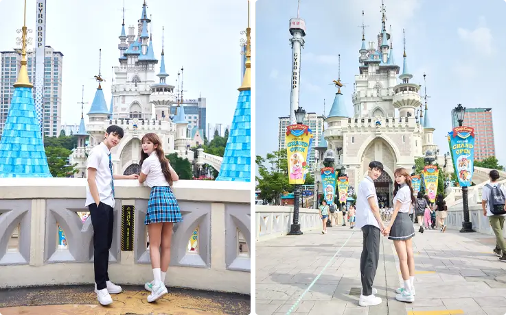 A couple wearing Korean school uniforms at Lotte World