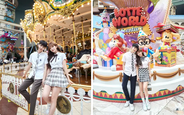A couple wearing Korean school uniforms at Lotte World
