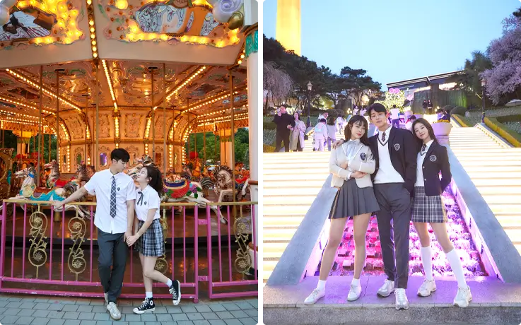 Visitors wearing Korean school uniforms at E-World, with the park on the left and 83 Tower on the right