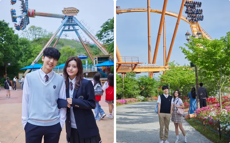 A couple wearing Korean school uniforms at Gyeongju World